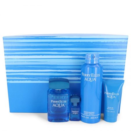 Perry Ellis Aqua by Perry Ellis Gift Set — 100ml Eau De Toilette Spray + 4.5ml Mini EDT Spray + 200ml Body Spray + 50ml Shower Gel for Men by 